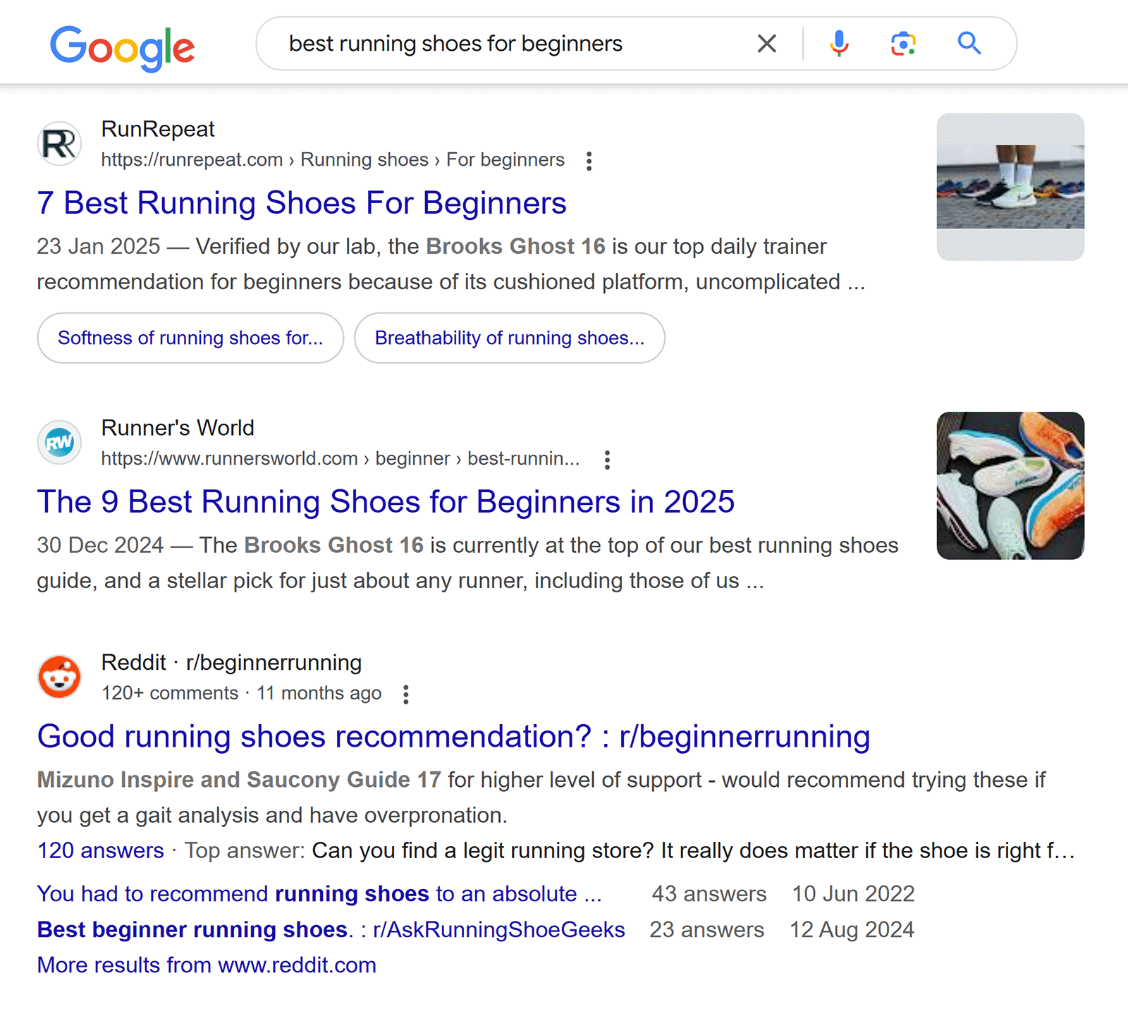 Google search results for 'best running shoes for beginners'